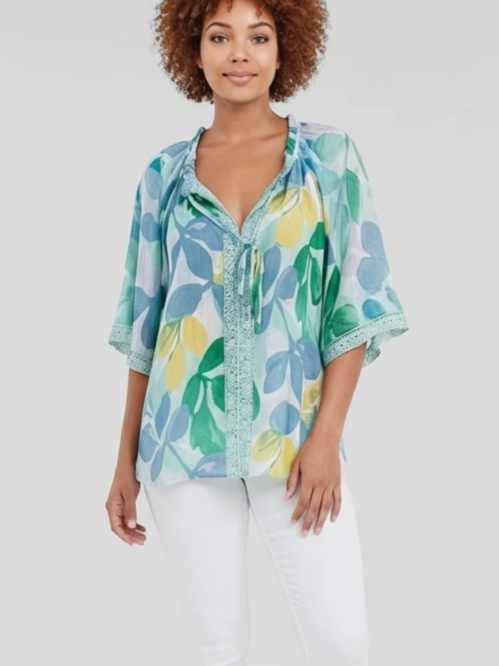Relaxed Floral Tie-Front Blouse in Green Blue